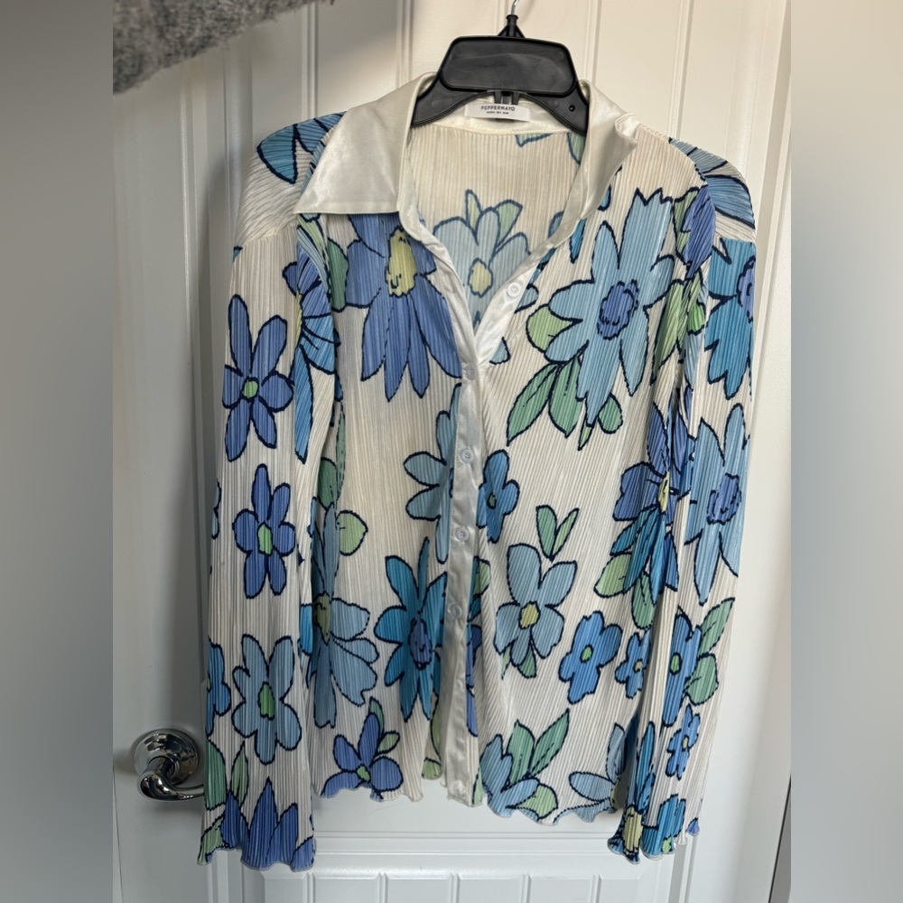 two piece floral set, long sleeve button up top with pants